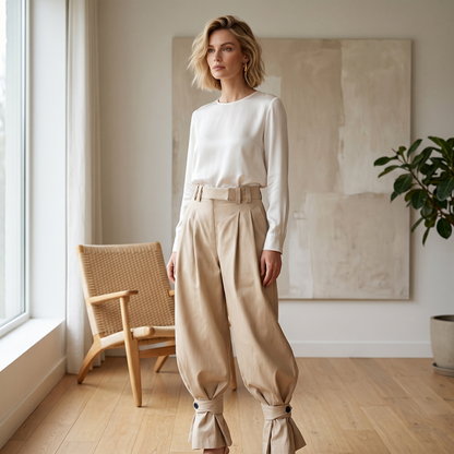 👖✨ Plisserede lanternbukser til kvinder – flæset bukseben, snøre i taljen, løst siddende med brede ben 🌸