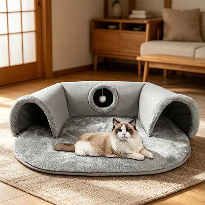 🐱 BEGRÆNSET TID: 50 % RABAT! ✨ 2-i-1 katteseng med tunnel – donutseng + tunnel, blødt, sammenklappeligt 🎪