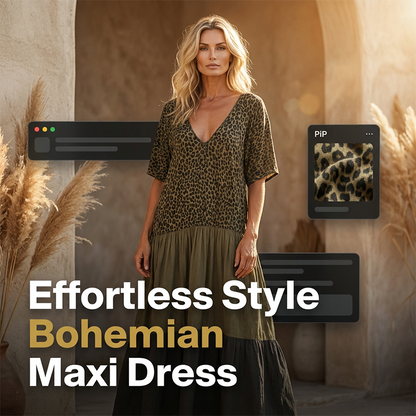 👗 50 % RABAT I BEGRÆNSET PERIODE! ✨ Boheme-inspireret maxi-kjole med leopardmønster – V-udskæring, lagdelt, flagrende resort-stil 🌴