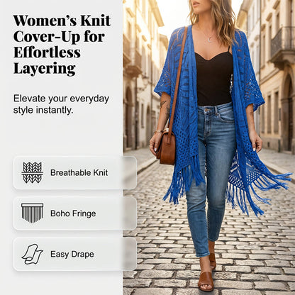 Oversized strikket cardigan til kvinder – Letvægts-kimono med hæklede kvaster til forår og sommer 🌸
