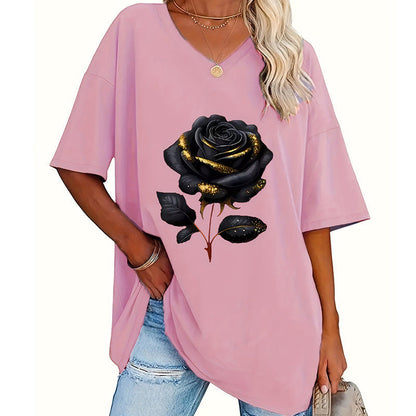 T-shirt med V-udskæring og rosemønster til kvinder i store størrelser