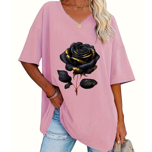 T-shirt med V-udskæring og rosemønster til kvinder i store størrelser