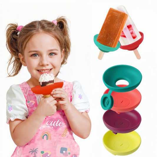 🍦 50 % RABAT! 4-PAK Dråbefri silikoneholder til ispinde og softis – perfekt til børn! 💧 Opfanger hver eneste dråbe, holder børnene og tøjet rent – BPA-fri og tåler opvaskemaskine. 🎨 Sjove farver