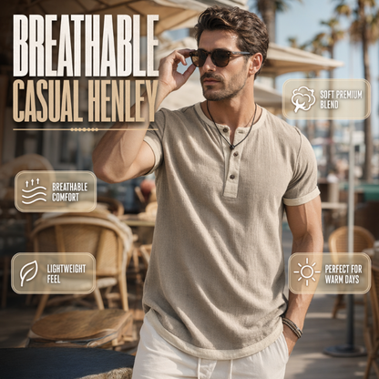 👕Herre-Henley-shirt med korte ærmer og god åndbarhed – Åndbar, struktureret top med kontrastkant✨