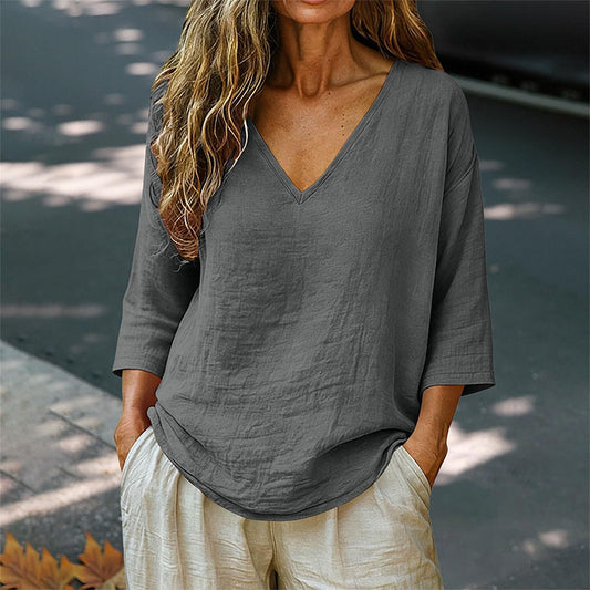 🔥Et must-have til forår og sommer! Åndbar bluse med V-udskæring og 3/4-ærmer