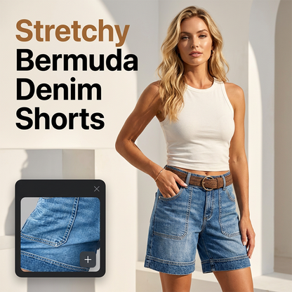 Bermuda-jeansshorts til kvinder med mellemhøj talje og lommer