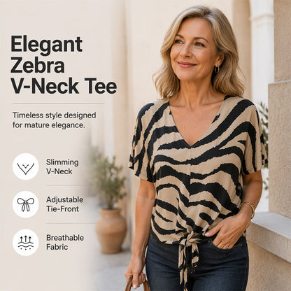 T-shirt med zebraprint, V-udskæring og sløjfe foran til kvinder