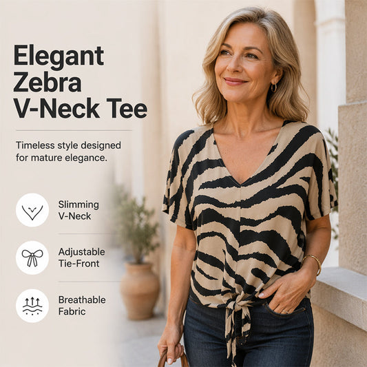 T-shirt med zebraprint, V-udskæring og sløjfe foran til kvinder