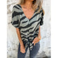 T-shirt med zebraprint, V-udskæring og sløjfe foran til kvinder
