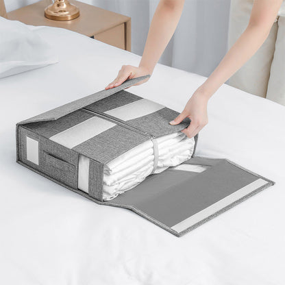 🎁 50%! 🛏️ Sammenklappeligt Sengelinned Organizer Sæt – Linen Look + Pappe – Gennemsigtigt Vindue & Sikker Lukning til Queen/King Størrelse Sengelinned 📦