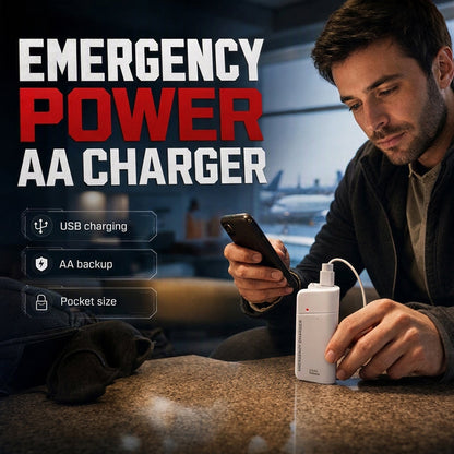 KØB 1, FÅ 1 GRATIS 🎁 – AA Batteridrevet Nødlader – Kompakt – Øjeblikkelig USB-opladning – Nemt Batteriskift – Rejsevenlig – Til Nødsituationer & Hverdagen 🔋📱⚡
