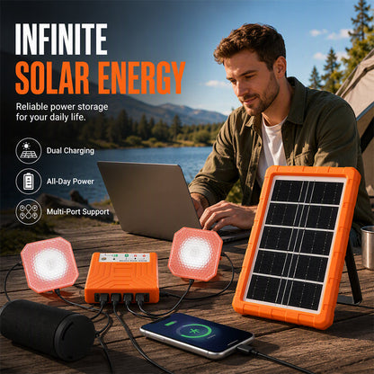 ☀️ 50 % RABAT LIGE NU! Bærbart solcelleanlæg med 2 LED-lamper – solcellegeneratorsæt til brug uden for elnettet, opladningsstation med flere porte til camping, nødsituationer og udendørs brug