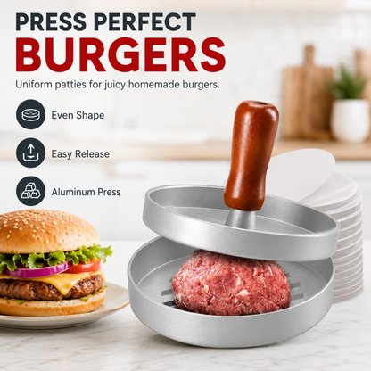 🍔 Burgerpresse med træhåndtag – perfekte bøffer på den nemme måde 🔥