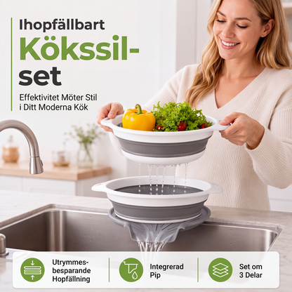 🥗 3-delt sammenklappeligt dørslagssæt med afdrypningsfod – pladsbesparende køkkendørslag til frugt, pasta og grøntsager