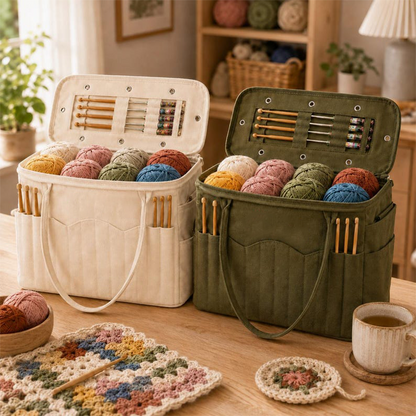 👝 Opbevaringspose i lærred til garn – Bærbar strikkepose med lommer til strikkepinde 🧶✨