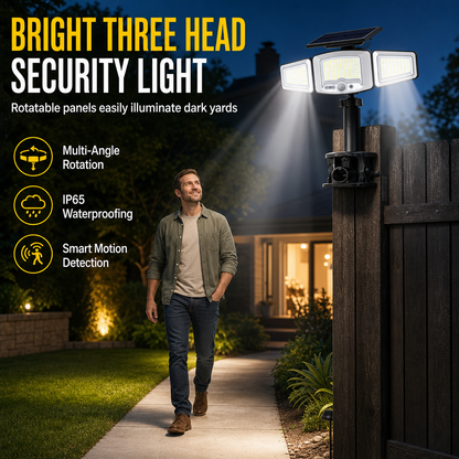☀️ Solar 3-hovedet bevægelsessensorlampe | IP65