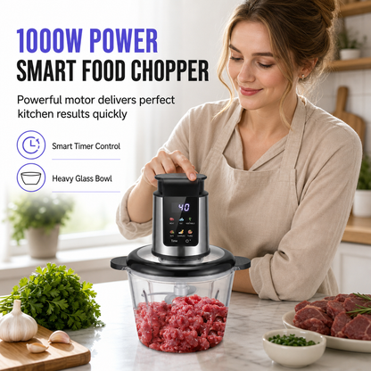 ⚡🥩 NU: 50% RABAT I BEGRÆNSET TID – 3-i-1 Elektrisk Kødhakker – 1000W Smart Madhakker – Formaling, Piskning, Skrælning – Digital Timer & Hastighedskontrol – Tykt Glas & Børstet Stål 🍳🛡️✨
