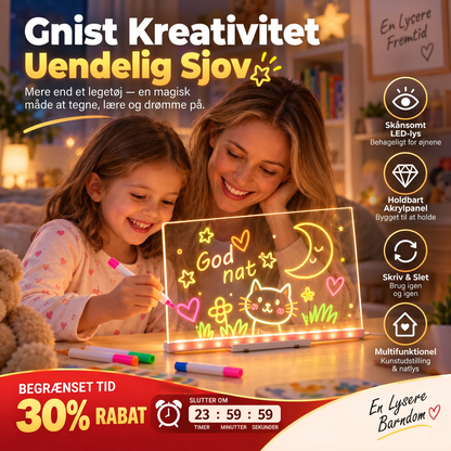 🎨 Lysende akryltegnbræt – 50% RABAT! LED-oplyst skærm, tør af og tegn igen, 3 størrelser, stativ inkluderet – kreativ skrivebords kunst der lyser. 🖍️