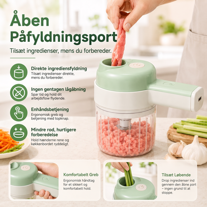 🥕50% RABAT NU! 4-i-1 håndholdt elektrisk food chopper - USB-genopladelig mini blender med åben påfyldningsport, bærbar trådløs hakker til grøntsager, kød og hvidløg
