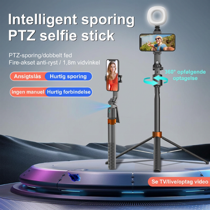 ⏳Tidsbegrænset specialtilbud⏰ 180 cm Smart Ansigtssporing PTZ Selfie Stick – 360° Automatisk Følgende Telefonstativ med udfyldningslys, 4-Axis Antichok til Live-streaming og Videooptagelse