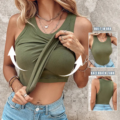 💖Sidste dags tilbud: 159,95 kr.!!💖Ribbet, elastisk tanktop med indbygget bh