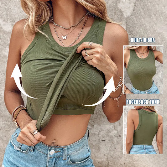 💖Sidste dags tilbud: 159,95 kr.!!💖Ribbet, elastisk tanktop med indbygget bh